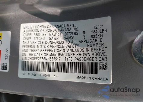 2022 Honda Civic Sport from USA, damaged, VIN 2HGFE2F56NH555517